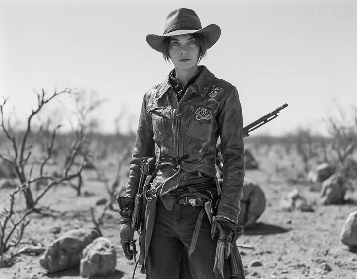 Ultra-realistic photo in Black and White of an enigmatic young female gunman with delicate yet masculine features, short hair hidden under her hat. Wearing an old rawhide cowboy jacket with intricate embroidery, rustic leather hat, holding an old double-ba...