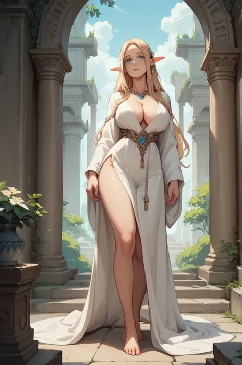 a mature elf woman. wearing white robes and barefoot. long blonde hair. blue eyes. long pointy ears. large breasts. cleavage. anatomically correct. perfect eyes. standing in white marble temple.