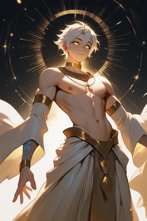 A young man (20 years )  with white hair ,  with bright yellow eyes with the sun, wide shoulders and very masculine and masculine with a confident pose .  And a large blood-red ring/crown with incredible details and architecture. with white clothes with gr...