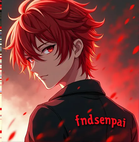 Make an anime picture of her handsome hair glowing red with the inscription FNDSenpai and the Japanese logo on her back