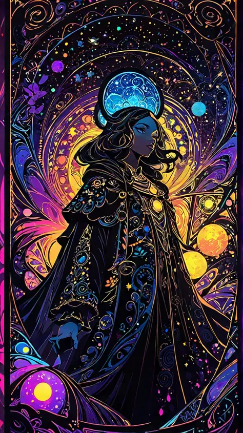 ((((black light poster art)))), design a captivating art piece featuring a mysterious and enchanting cosmic explorer, adorned with glowing celestial symbols and surrounded by swirling galaxies, a sense of adventure