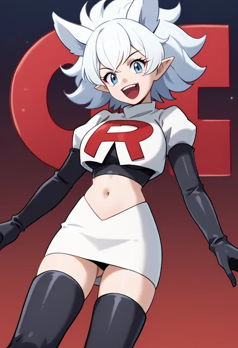 score_9, score_8_up, score_7_up, source_anime, solo, 1girl, lv2fenrys, happy, looking at viewer, open mouth, white hair, large hair, animal ears, pointy ears, team rocket,team rocket uniform,white skirt,red letter R,crop top,black thigh-highs,black elbow g...