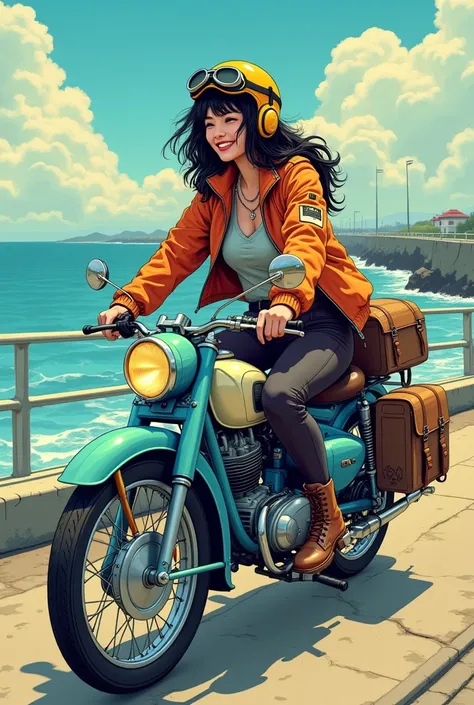 1 Japanese beauty ,  high definition ,  smiles, Messy black hair, shortcuts,  ride fishing tackle on a moped　 helmet 　Vintage goggles 　 flight jacket 　Thermal pants　 boots　sea　Breakwater　 pop art