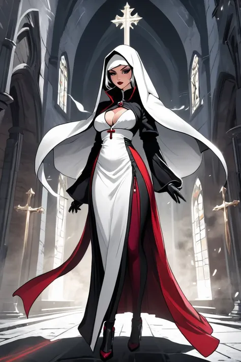 full-body portrait of a mature, gorgeous Battlenun, big breasts deep cleavage, with a seductive and mysterious expression. She is dressed in a black, red, and white nun attire and a habit with a long high-slit skirt, merging traditional nun aesthetics with...