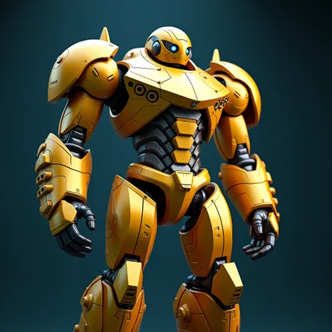 4K quality, 3D animation illustration. A massive golden robot set against a dark background. Its entire body is covered in gleaming gold armor, exuding both a sense of weight and luxury. The robots head features a futuristic helmet-like design, shaped like...