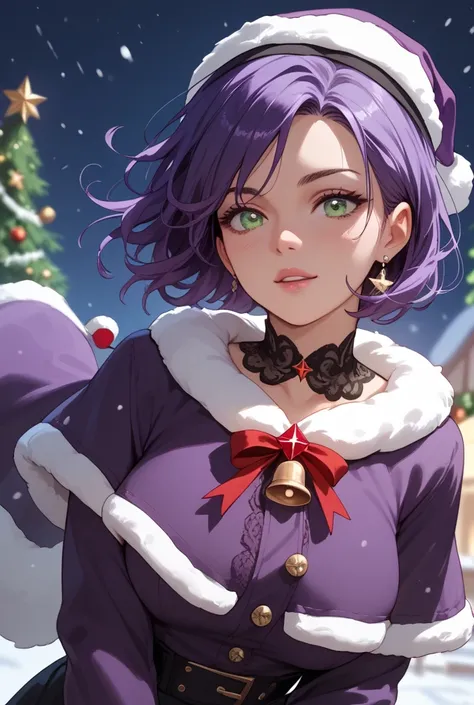  Girl with purple hair, emerald eyes and black and purple clothes, Christmas version 