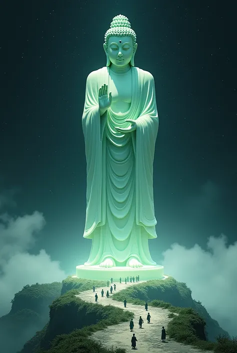 ((masterpiece))，(最 High Quality ))，Chinese style，In the Universe, A giant jade Miroku Buddha is standing in space，jade sculpture，light，transparent，Gazing at Earth，Standing Buddha Statue，The light is shining，Glow effect，Pilgrims walking along the road，  ult...