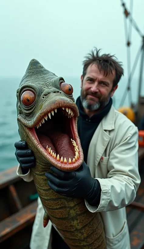 A hyper-realistic photograph of a bizarre, grotesque aquatic creature being held by a fisherman aboard a weathered fishing boat. The creature has a wide, open mouth with sharp, uneven teeth, and its large, bulging eyes give it an unsettling appearance. Its...