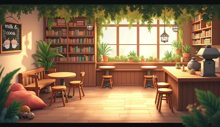  coffee shop atmosphere for ren  ,  brown beige warm atmosphere , Warm lights ,  plants hang from the ceiling  ,  rens chairs and rens tables ,  fairy lights  , A board with  "Milk & Cocoa" ,  ren cups with icing on the wooden counter,  bookshelves with co...