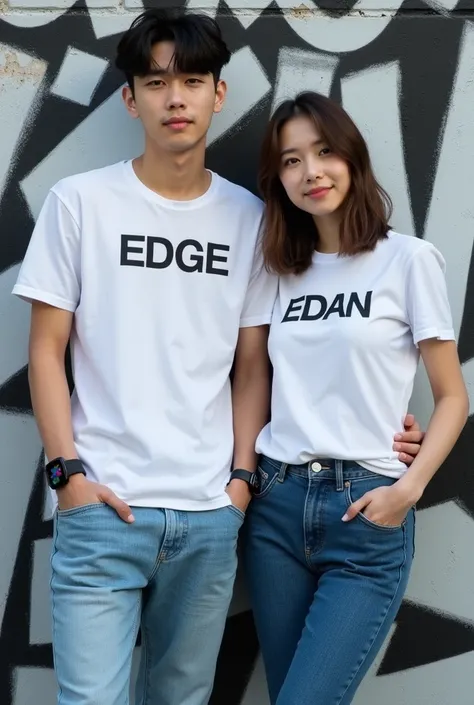 couple  stylish of ahandsome korean youngman ,20 years old and a beautiful asian，19 years old ，handsome and beautiful appeal，perfect face，erudite，relaxed At grafitty wall the text black and white KKN background，hairy bodies，slippers，Casual wear white tshir...