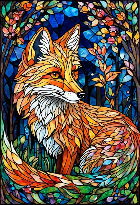 優しいまなざしのFox in the夜の湖畔 painting by numbers,  stained glass  art, on beyond Fox, Turn your face towards me,Colorful !!  very detailed,  Extremely Complex and Colorful  ,  stained glass !!,  stained glass  style, Noble and Beautiful Animals  ,Fox op art, ✏️🎨...