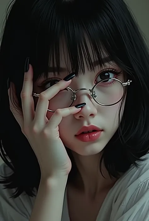  One with black hair with bangs , glasses and white skin , covering her face with a hand ,  she has slightly long nails painted black, 