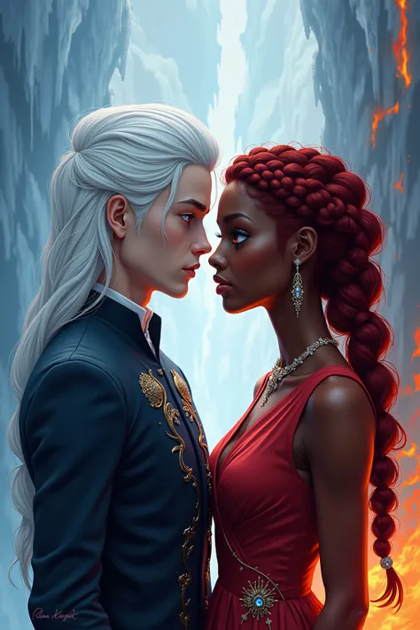  Realistic drawing of a very tall young and handsome man, prince of darkness and ice, glowing blue eyes, long white hair, landscape divided into ice consumed by fire ,  realistic young and beautiful black-skinned princess , red-haired box braids,  red eyes...