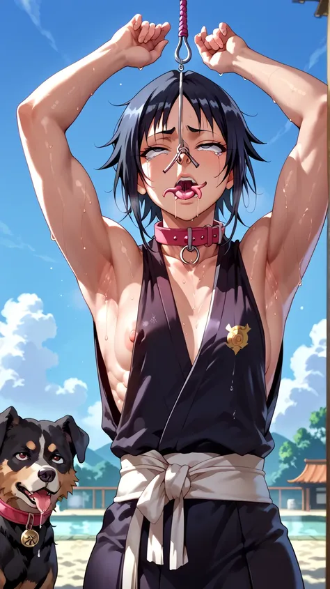 a picture, inspired by Kentaro Miura, trending on pixiv, soifon from bleach, black uniform, favorite scene, fine details, skins, sweating, small breasts, both hands raised, armpits, (small head),armpits visible, dripping with sweat, more more sweat, ((Japa...