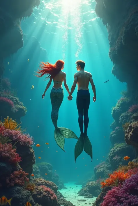 The Little Mermaid is skin-scuba diving with her prince in the ocean