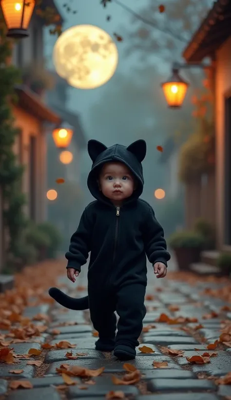 A baby dressed in a sleek black cat onesie, with a tiny tail and pointy ears, walks down a cobblestone street under a full moon. Lanterns and falling autumn leaves frame the whimsical and slightly magical scene.