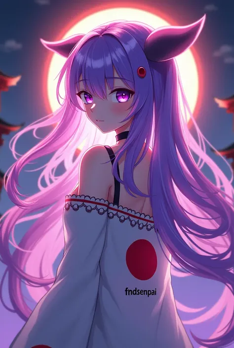 make an anime picture of purple glowing hair and write FndSenpai and a japanese flag on its back