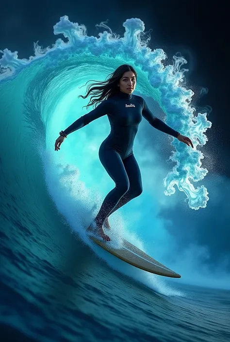 A mesmerizing smoke art illustration featuring a surfer 19 year oldl, hispanic skin, riding a powerful wave, symbolizing grace and adventure. The surfer, wearing a wetsuit with the name Annabella, is surrounded by flowing smoke trails in shades of aqua blu...