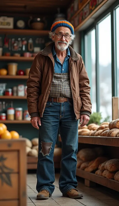 interior of a small grocery and souvenir shop. background vegetables, fruits, bread, key chains, toys on shelves, big window with snowy outside.
1 very thin man (Petrović Hadžić) 60 years old, full body, standing, tanned skin, thin grey hair on head, thin ...