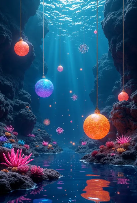 Dark navy blue sea surface with starry sea bottom and large floating Christmas balls. And colorful corals . With lots of fireworks.