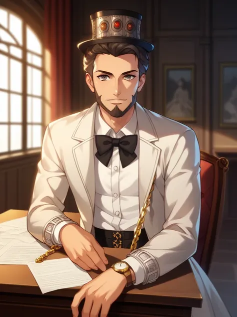 good lighting, masterpiece, good quality, beautiful, 1man, elder, solo, graying hair, full beard, gray eyes, fair-skinned, posing, sitting at desk, 1840s era clothing, Victorian era, tophat, black tail coat, white button up shirt, black bowtie, gold chain ...