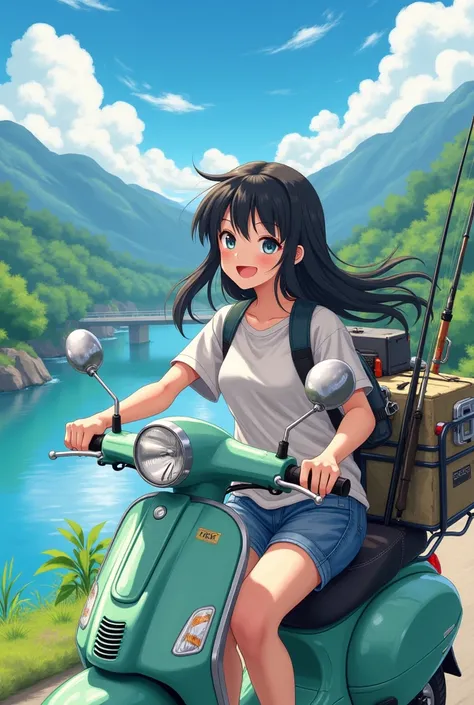 A cute and energetic Japanese beauty ,  smiles, Disorganized shortcuts,  black hair,  heads to the reservoir for bass fishing on a moped loaded with fishing tackle

