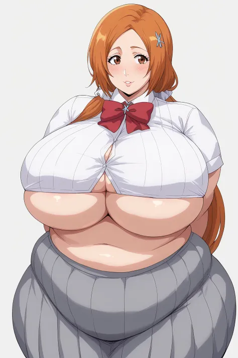 inoue orihime, Orihime Inoue, milf, 40 years old,  long hair,  orange hair,  (brown eyes),low ponytail, Im tying my hair to one at the back,White scrunchie,  school uniform,  white Y shirt,  Red Bow Tie ,  gray skirt, score_9,  score_8_ up,  score_7_ up,  ...