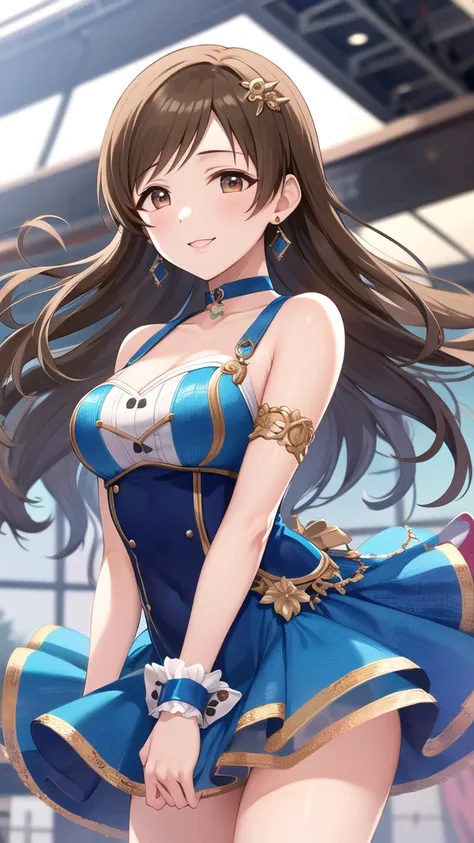 masterpiece, best quality, highres, aanitta, long hair, hair ornament, medium breasts, earrings, blue choker, idol clothes, blue dress, bare shoulders, sleeveless, wrist cuffs, detached sleeves, smile, standing, cowboy shot, idolmaster, arms at sides, stra...