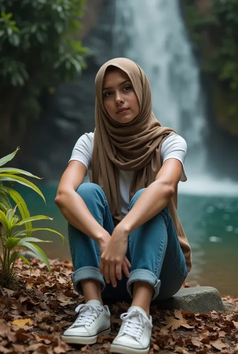  Beautiful girl 30 years old ,wearing a veil,wearing a T-shirt ,celana jeans cargo, sports shoes in ash color ",sitting on the ground, next to the girl there are plants,dry leaves, beautiful waterfall background ,dry leaves berterbangan tertiup angin