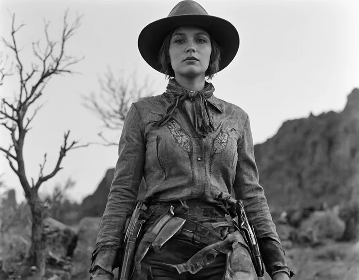 Ultra-realistic photo in Black and White of an enigmatic young female gunman with delicate yet masculine features, short hair hidden under her hat. Wearing an old rawhide cowboy jacket with intricate embroidery, rustic leather hat, holding an old double-ba...