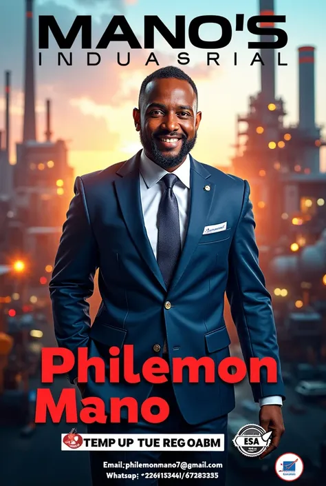 Une affiche publicitaire pour ma Société MANOS INDUSTRIEL  qui émerge dans le Business Général avec pour adresse Mail philemonmano7@gmail.com et adresse WhatsApp :+22661493461/67283253