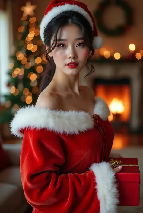 make a photography of a beautiful woman from korea, wearing a Santa Claus outfit, Christmas theme, standing facing forward while smiling faintly. against the backdrop of a very luxurious living room, holding a red gift box,