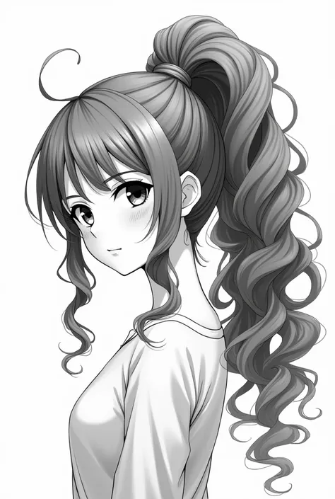 You could make an almost realistic, medium quality drawing, but in black and white, of an anime-type person, but the girl with tied hair, like a tall ponytail, with curly hair. 