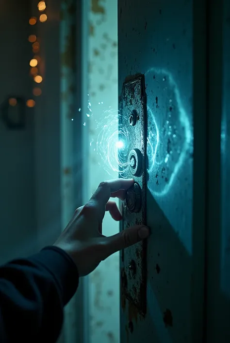 A close-up shot of a door with a swirling, intense light coming from within. The door handle is slightly tarnished and cold-looking. The light inside the door should have a magical, alive feel to it—pulsing and shifting. The environment around the door sho...