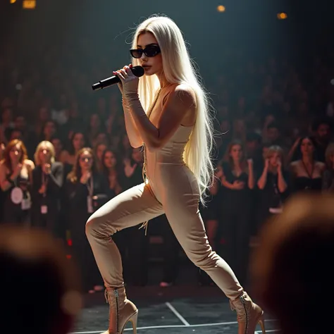  skinny young woman ,   long and smooth platinum blonde hair   ,  Blue Eyes, long gloves skin color   ,  skin-colored synthetic leather jumpsuit with fine heel boots ,   stylish futuristic dark sunglasses  ,   doing dynamic pose  ,   singing with a black m...