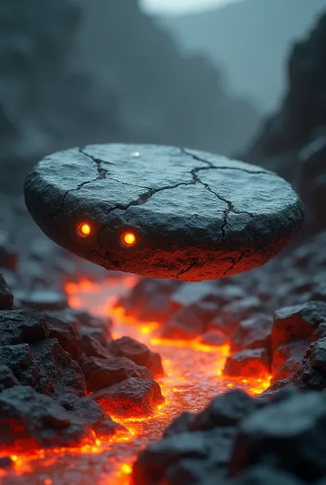 Very flat rock ,  a piece of volcanic rock floating above lava with small yellow eyes on the side of the rock