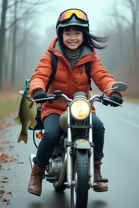 A cute and energetic Japanese beauty ,  smiles, Disorganized shortcuts,  black hair, Vintage goggles 　 helmet 　 boots　Winter jacket　 heads to the reservoir for bass fishing on a moped loaded with fishing tackle

アメリカ風の宣伝ポスター, 