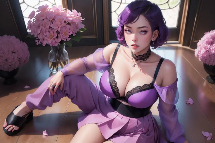 (masterpiece) (huge titusty, masterpiece, absurdres, hinata(boruto), 1girl, solo,mature female, off-shoulder bra, high waist short skirt, looking at viewelling petals), perfect composition, detailed lips, big breast, beautiful face, body propotion, blush, ...