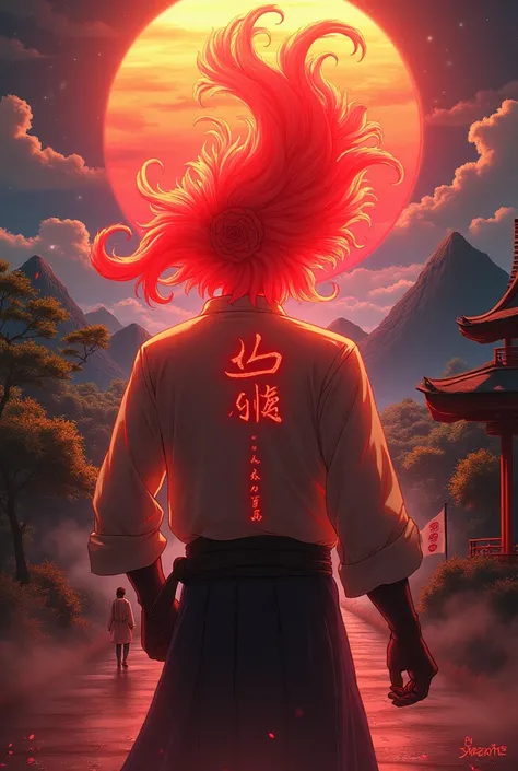 make anime red glowing hair on guys back with FND inscription and japanese flag background japanese scenery