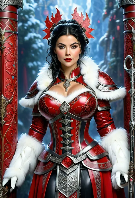 "A powerful fantasy depiction of a young adult Mrs. Claus as a heroic D&D adventurer, blending features of Masiela Lusha and Chloe Bennet. She has striking black hair and stands confidently, exuding both strength and elegance. She is clad in ornate crimson...