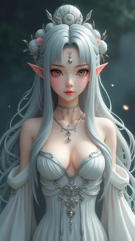  Ultra HD，reality， Ancient Chinese ，myth，Moon Goddess ，Bangs,  Silver Long Hair ,  Forehead Moon Stripes ，Big breasts， Moon Tattoo ， Wearing a White Silk Fairy Dress， Silver Stripes .masterpiece,  high detail, , 