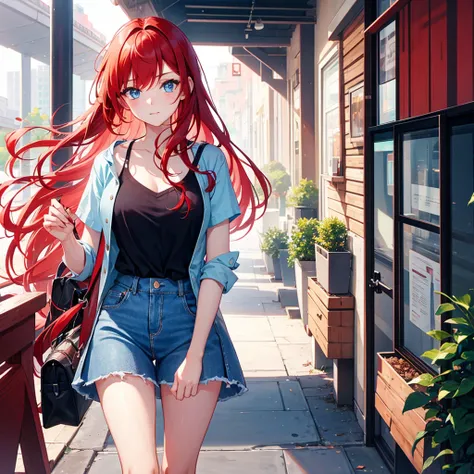 a girl with red hair, light blue eyes, casual outfit