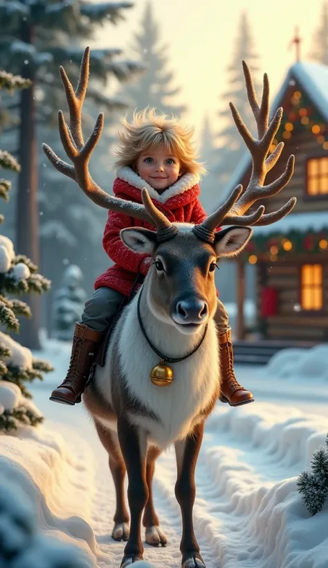  An enchanting and magical scene showing a small  riding on the back of a majestic reindeer in a festive Christmas setting. a , approximately s,  has slightly messy blond hair and wears a fluffy red jacket with white plush details ,  winter pants and brown...