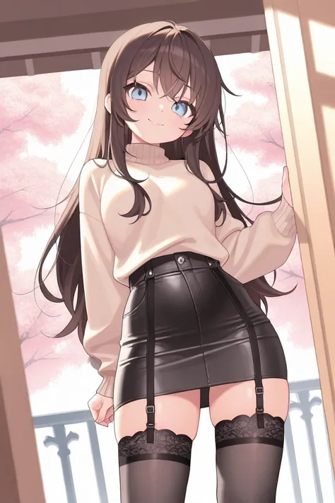 smile、 standing、Cherry blossom trees、Brown Hair、noon、 sweater 、 skirt、 knee-high socks、 tight clothes、masterpiece、 top quality 、 super detailed 、anime、 garter belt、 lower angle 、 pants 、(masterpiece、 top quality 、 super detailed )、((１ girls with light make...