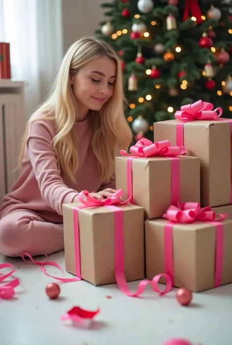  creates an image where you can see many cardboard packages wrapped with ribbon that are nestled on the floor,  that the floor is white and that there are pink and red decorations around it , And that next to it there is a table with Christmas books .  and...