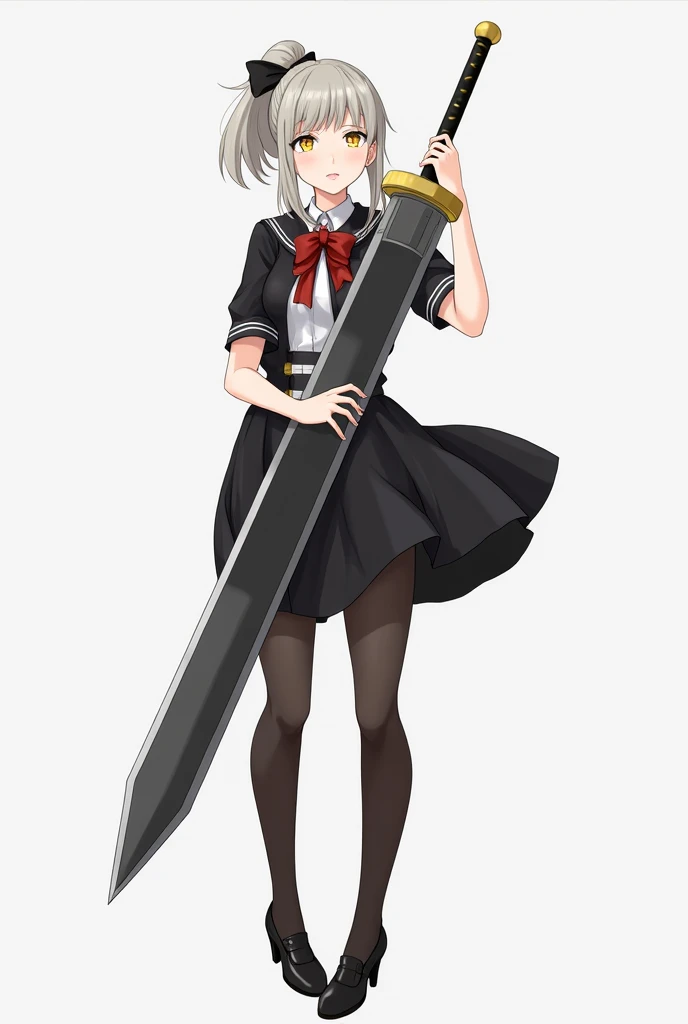  Girl Teen,  big breasts, fit,  sexy, Holding a Giant Sword , Grayish blonde hair, Short Ponytail , Black Tie Bow ,  yellow eyes,  Black Sailor Suit,  white shirt ,  Short Sleeve Shirt,  Floating Waistcoat , Red Bow Shirt ,  black miniskirt  , black pantyh...