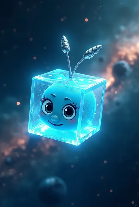 Bright blue glass cube with small ,  cute eyes on the bottom of the cube with space antennas in flying outer space that wanders through space