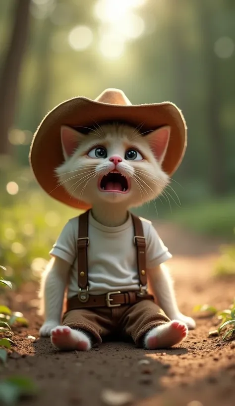 In cinematic 3D style, HD image ,realistic image ,colourful image.
Character, white baby cat wearing cowboy hat and white t-shirt and brown jeans,cowboy full dress feel.
Character, light brown dog long hair 
Action,There is a very dense forest and a mud ro...