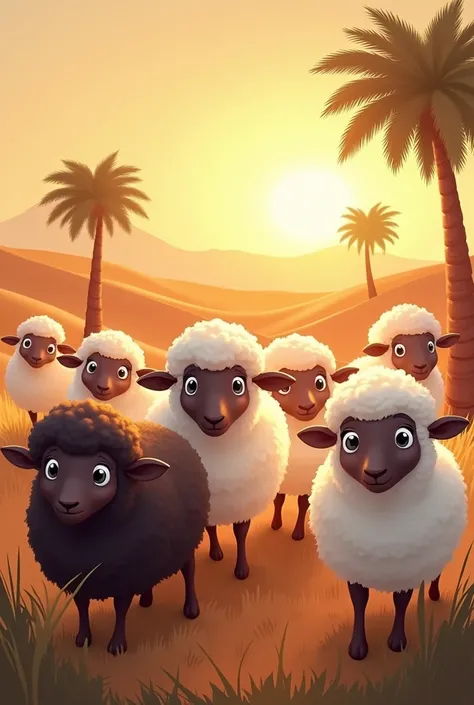 

“A semi-realistic, cartoon-style artwork featuring a flock of sheep in an Arabian-inspired setting. The sheep are drawn with soft, fluffy textures that closely resemble real wool, with a variety of colors, including white, black, and brown. Each sheep ha...