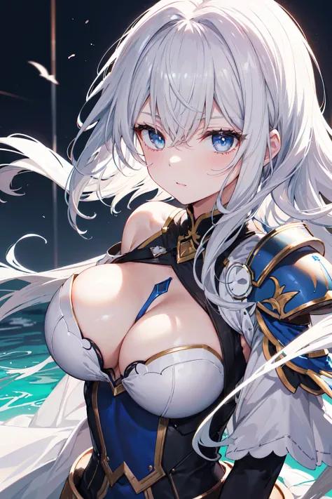  A lone fighter  ，   Wearing gorgeous white armor and shoulder armor   ，  Her long white hair hangs down like a waterfall  。   She holds a shiny white handle ，   The blade reflects a soft light   。 Her chest is the right size   ，   her chest   ，   highligh...